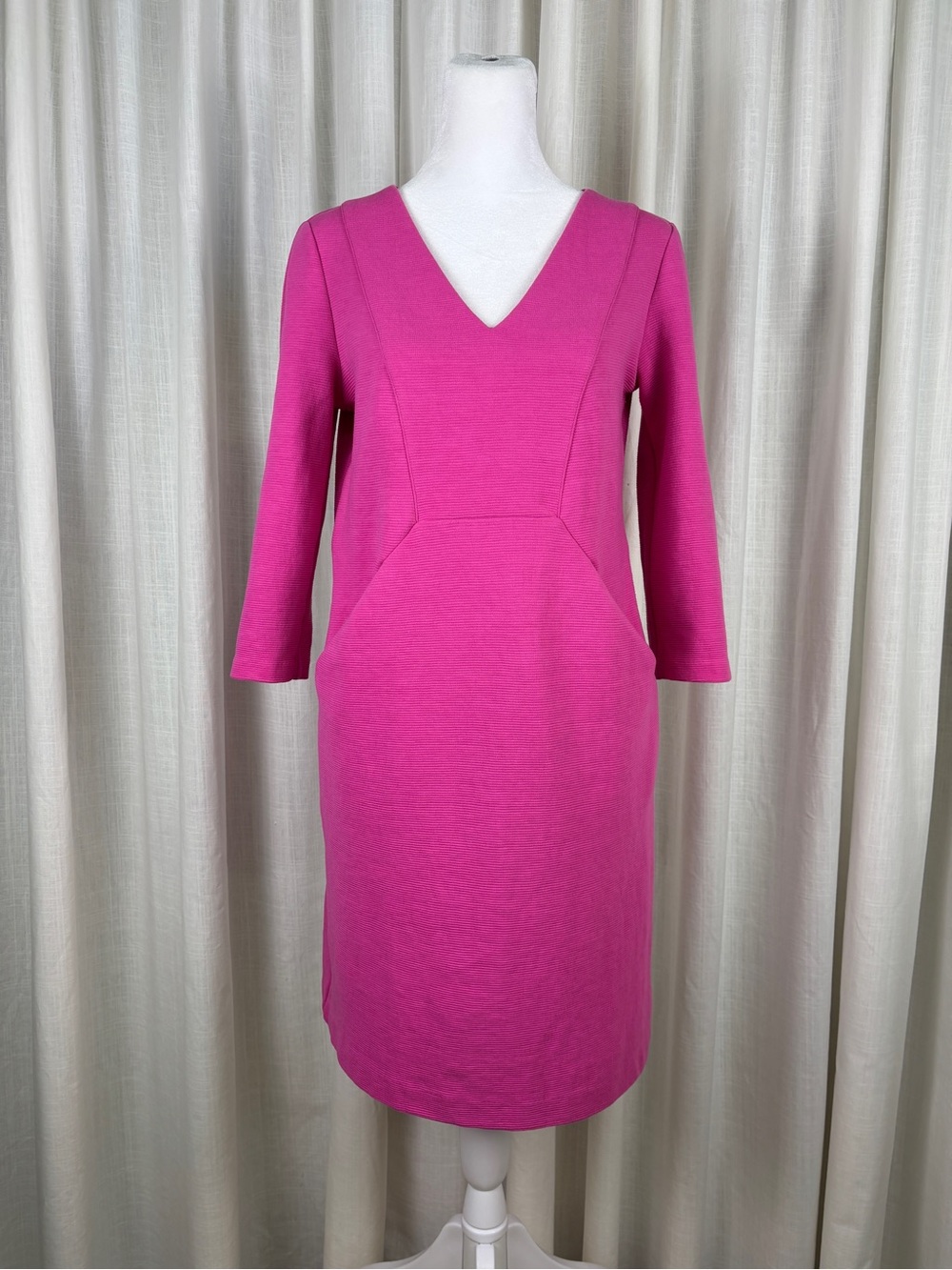 Boden Brontë Ottoman V-Neck Stretch Knit Dress Pockets 3/4 Sleeves Bright Pink